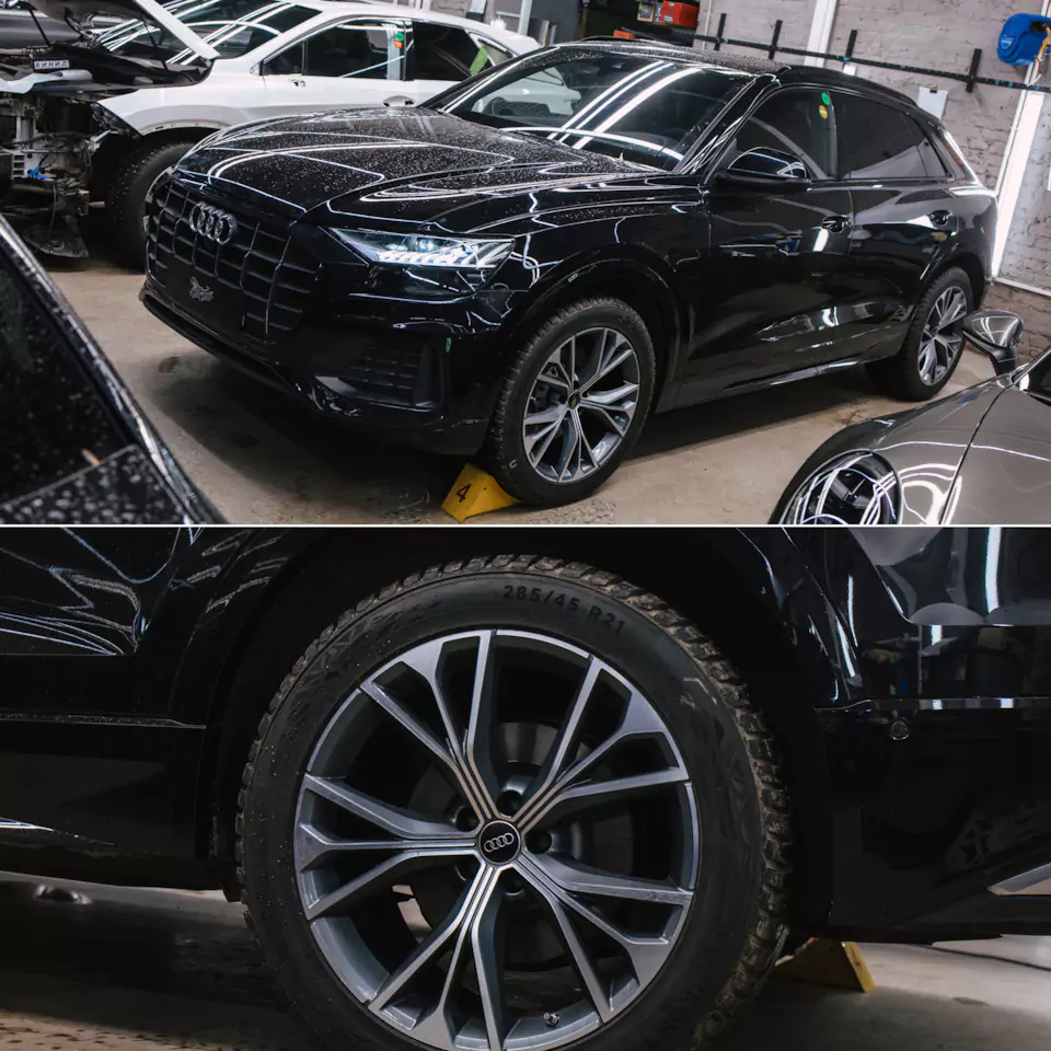 Оклеили Audi Q8 серым матовым полиуретаном, установили усиленные тормозные диски и колодки, окрасили суппорта, сделали антихром, произвели комплекс детейлинг-услуг